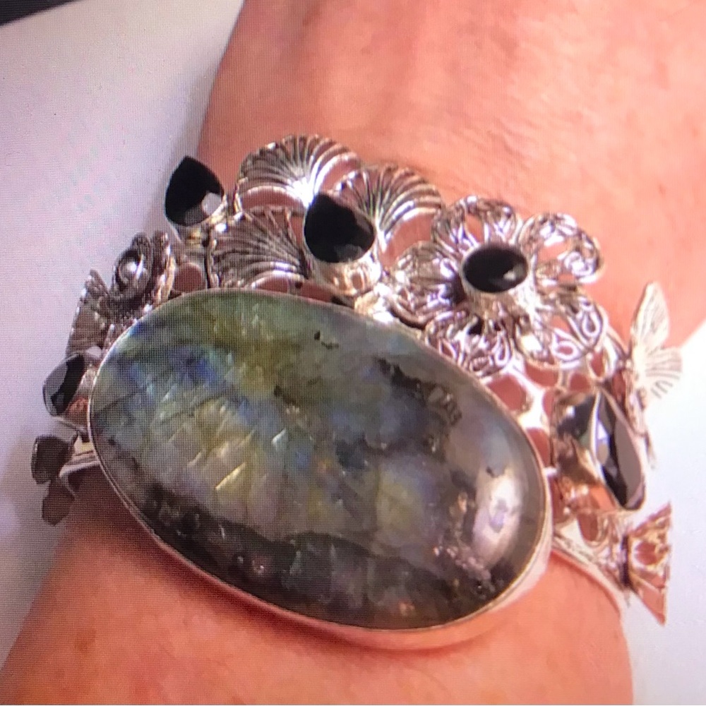 Labradorite Black Onyx Stamped Solid 925 Sterling Silver Cuff